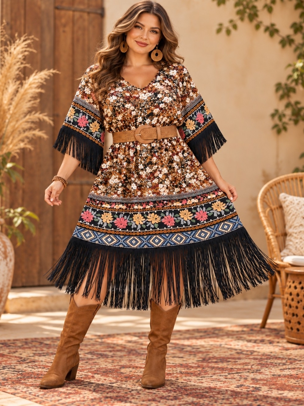 MODCLOTH VINTAGE FLORAL BOHO FRINGE DRESS SZ 2X